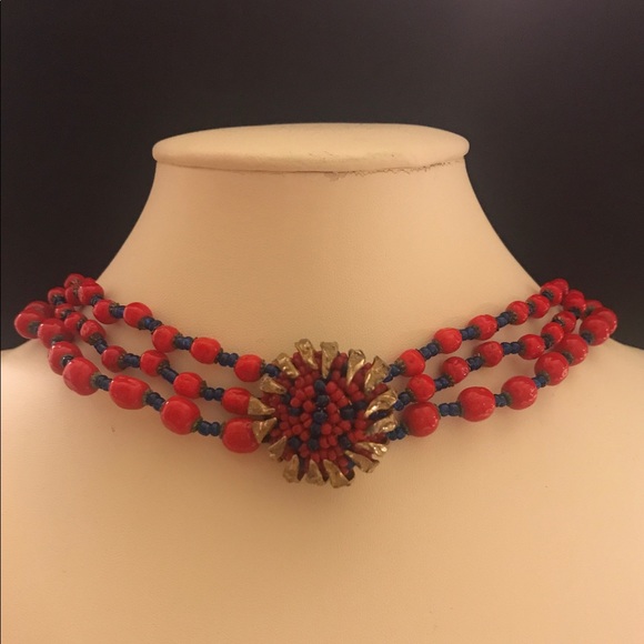 Miriam Haskell Jewelry - VTG Miriam Haskell Signed Red & Blue Beaded Choker